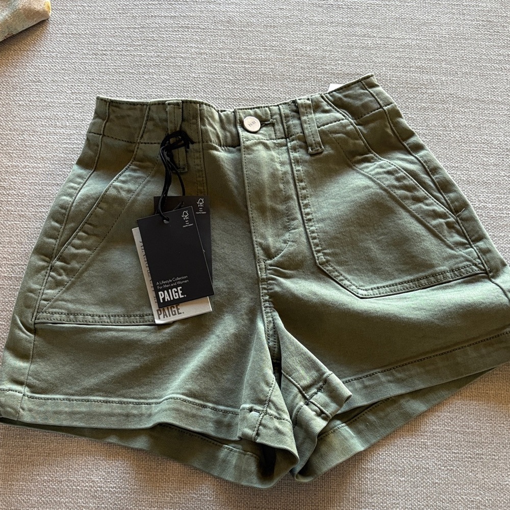 PAIGE Olive Green High-Waist Utility Shorts